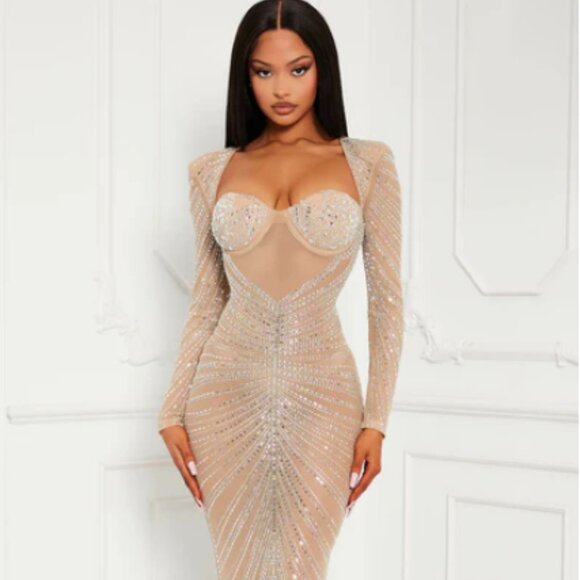 Fashion Nova Dresses & Skirts - Fashion Nova Sheer Bedazzled Long Sleeve Gown Caught Your Attention Embellished